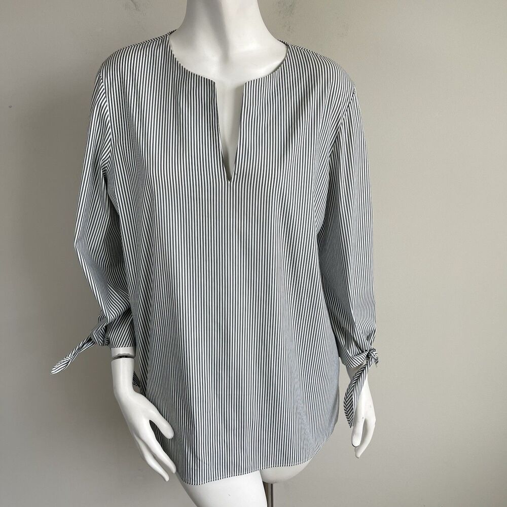 Lafayette 148 Striped Blouse Popover Tie Cuff 3/4 Sleeves Green White L Preppy